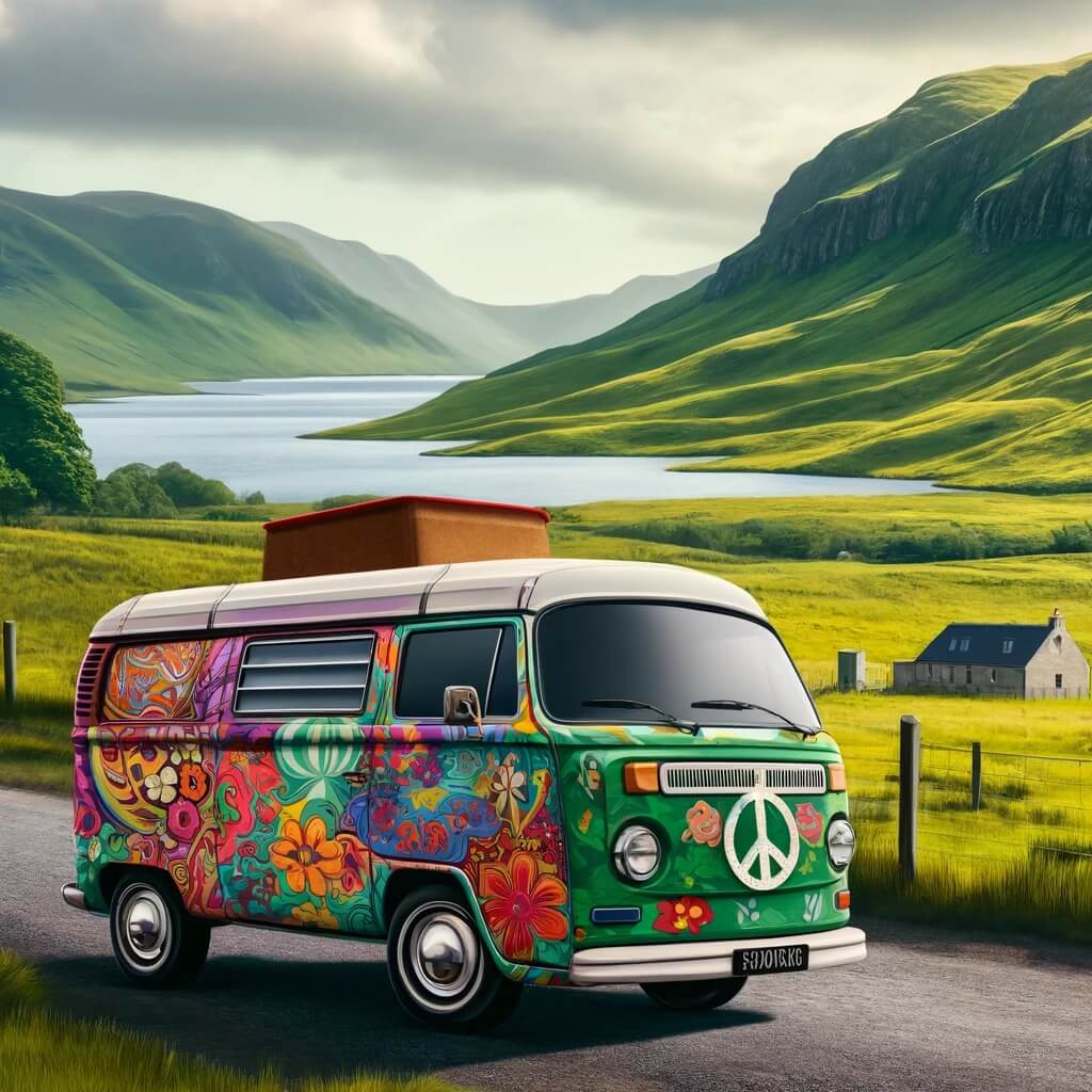 Mietbarer Hippie-Stil Camper in einer schottischen Landschaft mit grünen Hügeln.