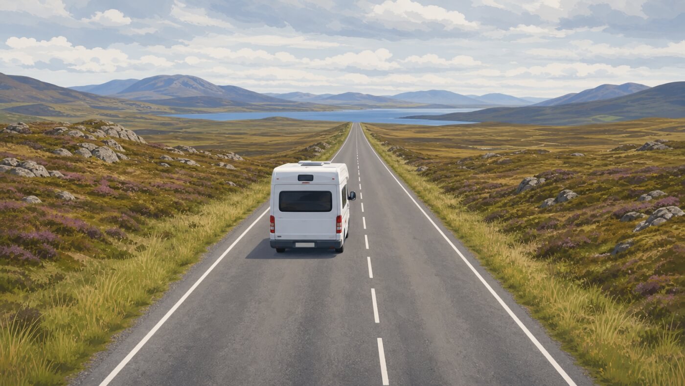 Wohnmobil fährt auf der linken Spur einer geraden Straße durch die schottischen Highlands.