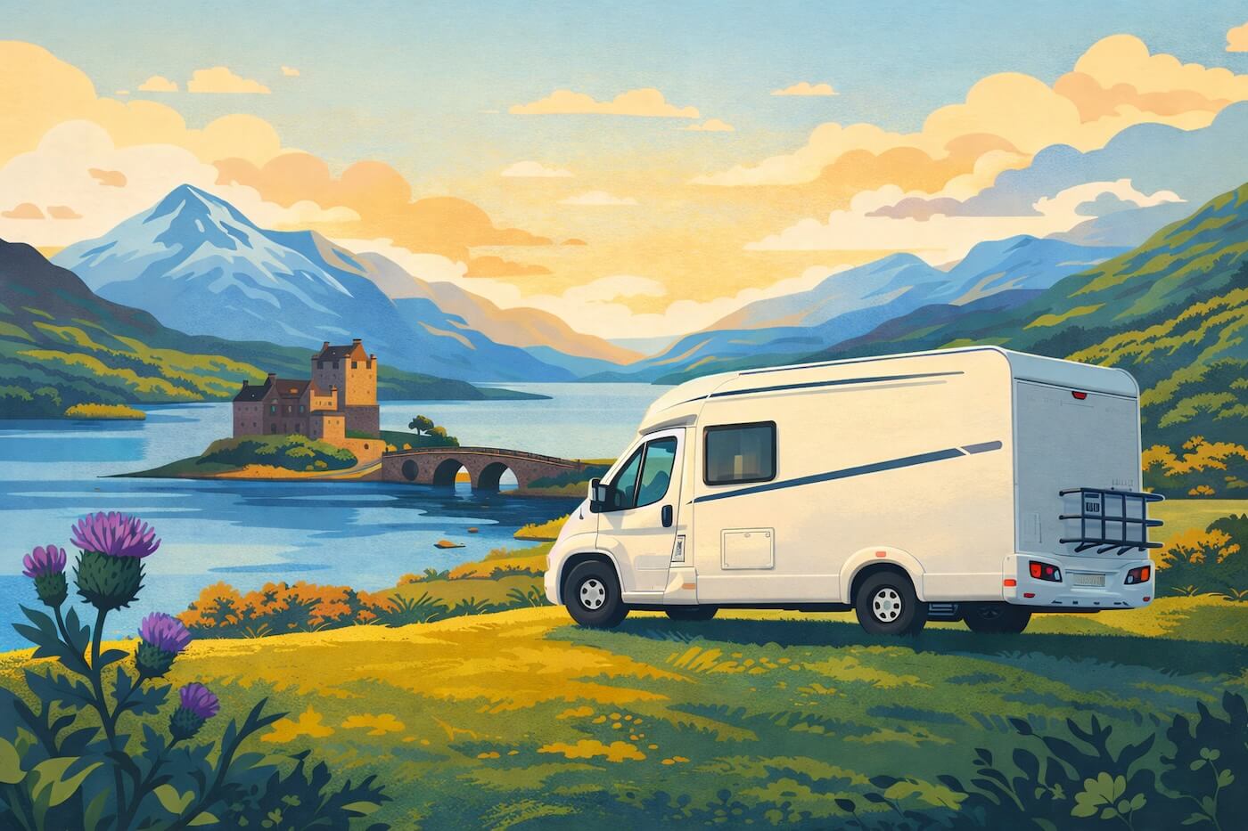 Wohnmobil mit Blick auf Eilean Donan Castle in Schottland