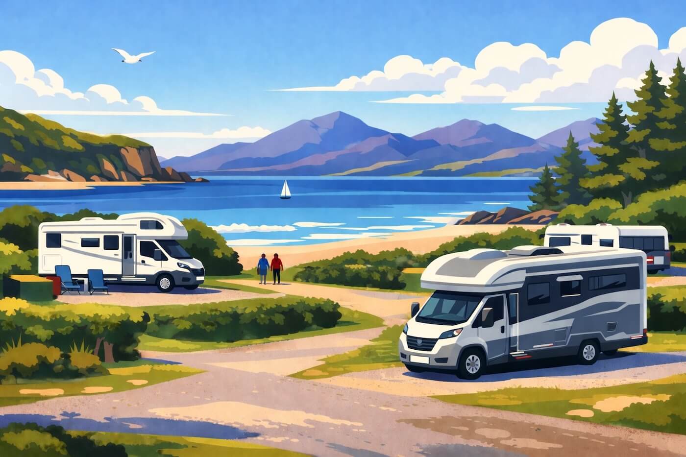 Wohnmobile auf einem Campingplatz mit Blick auf eine Bucht in Schottland.