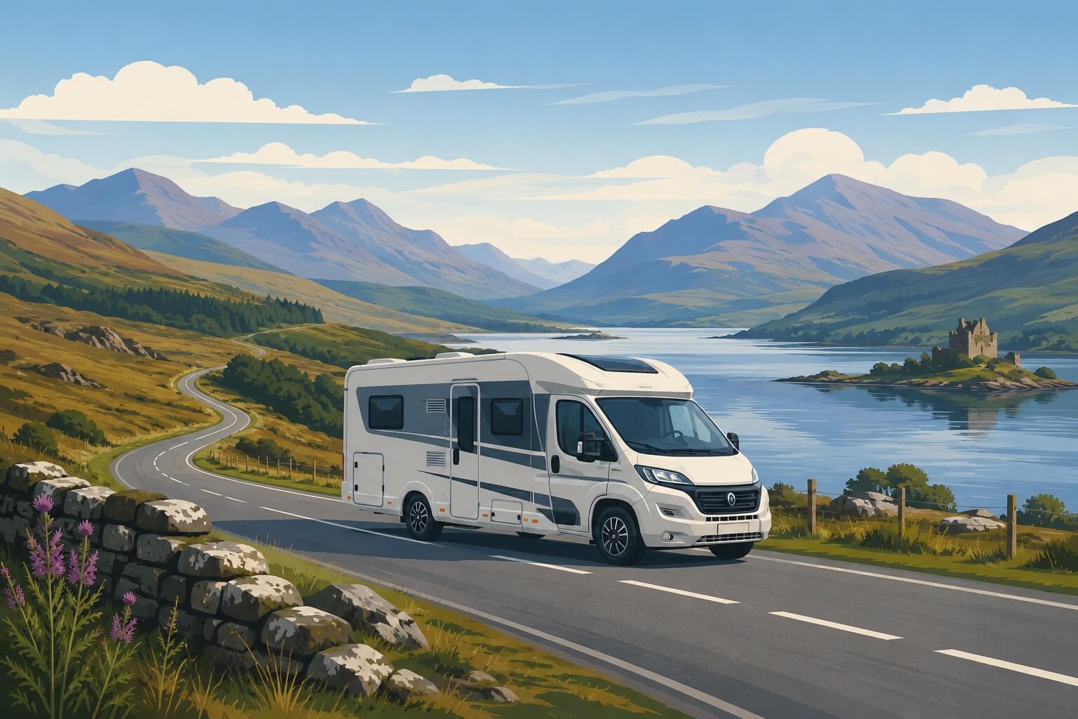 Wohnmobil auf einer Straße in den schottischen Highlands mit Loch, Bergen und Burg im Hintergrund