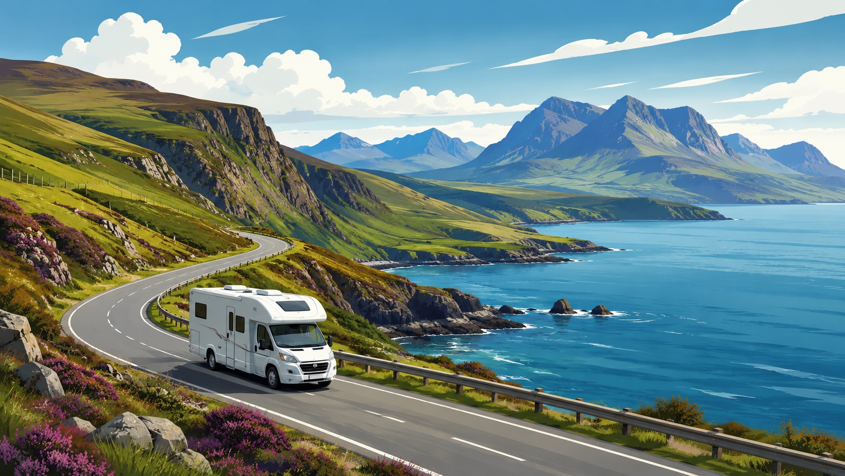 Wohnmobil auf der North Coast 500 in Schottland, mit kurvenreicher Küstenstraße, grünen Highlands, Bergen und Blick aufs Meer.