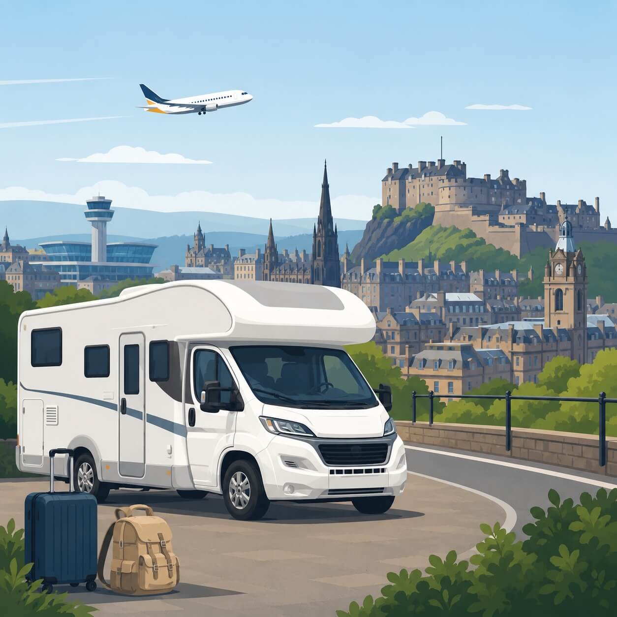 Wohnmobil vor der Skyline von Edinburgh mit Flughafen und Flugzeug im Hintergrund