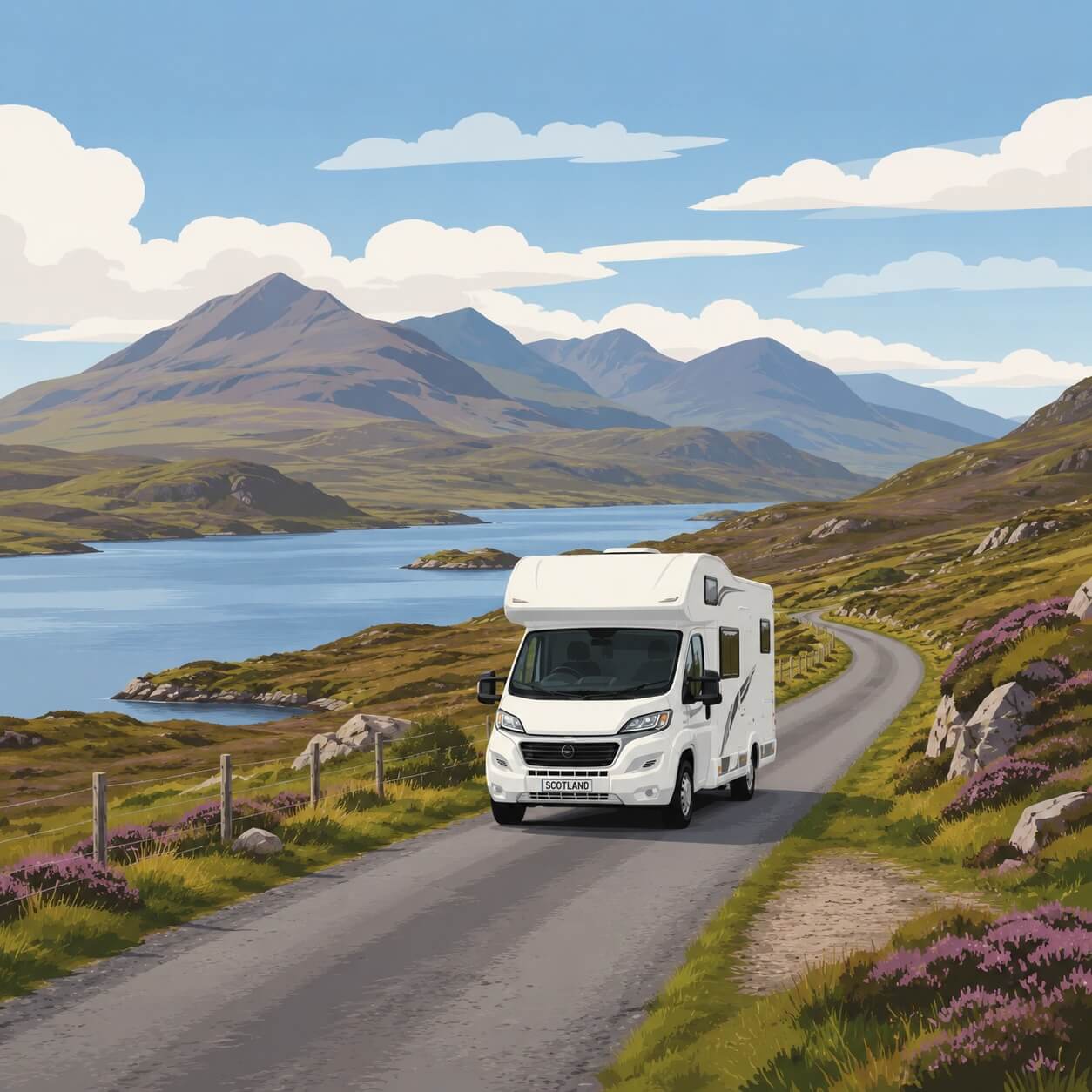Wohnmobil auf einer schmalen Straße am Loch in den schottischen Highlands