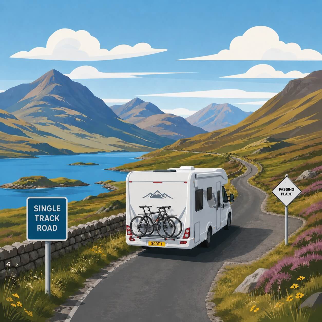 Wohnmobil auf einer schmalen Single-Track-Road in den schottischen Highlands mit Passing Place