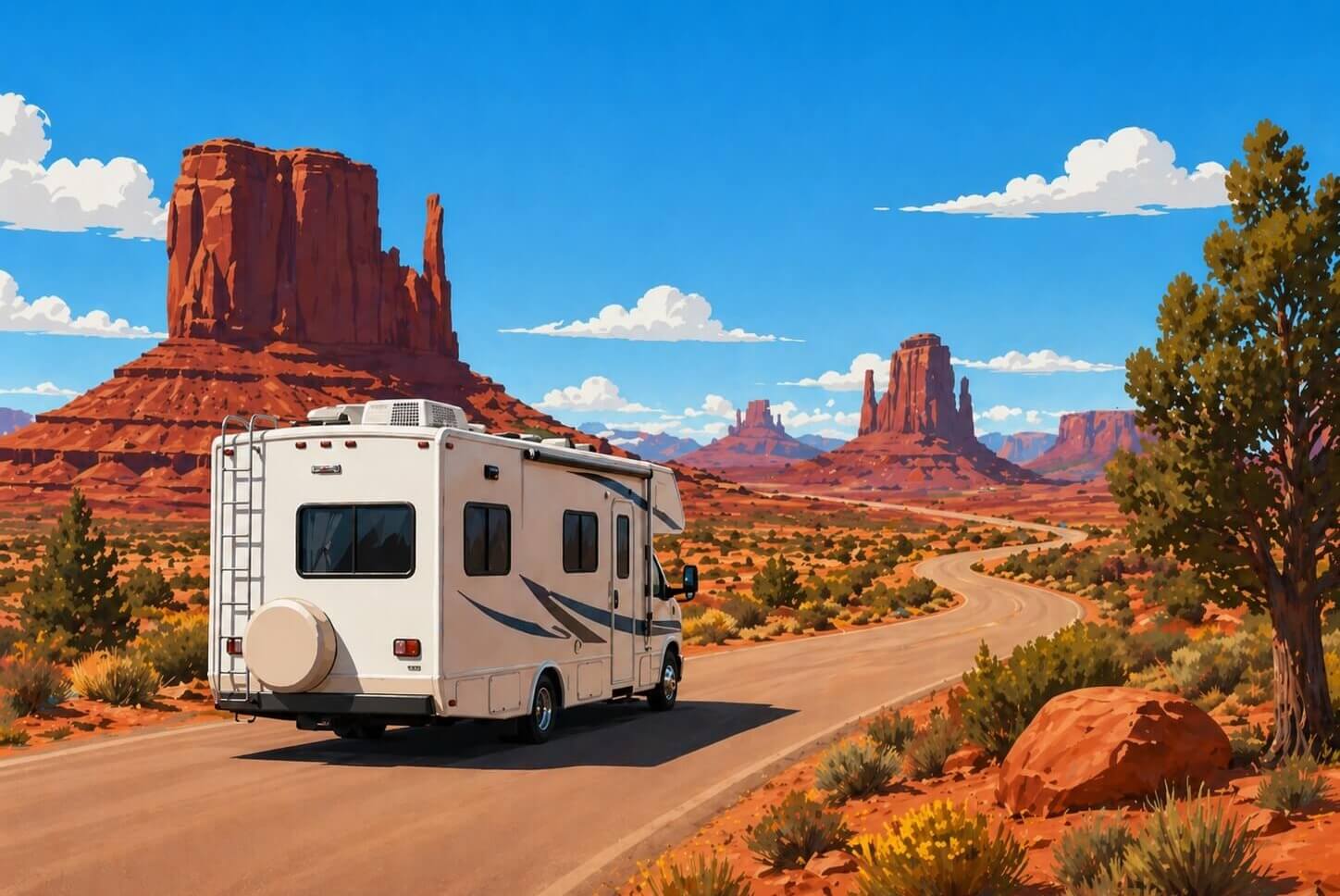 Wohnmobil auf einer Straße durch die Wüstenlandschaft des Monument Valley