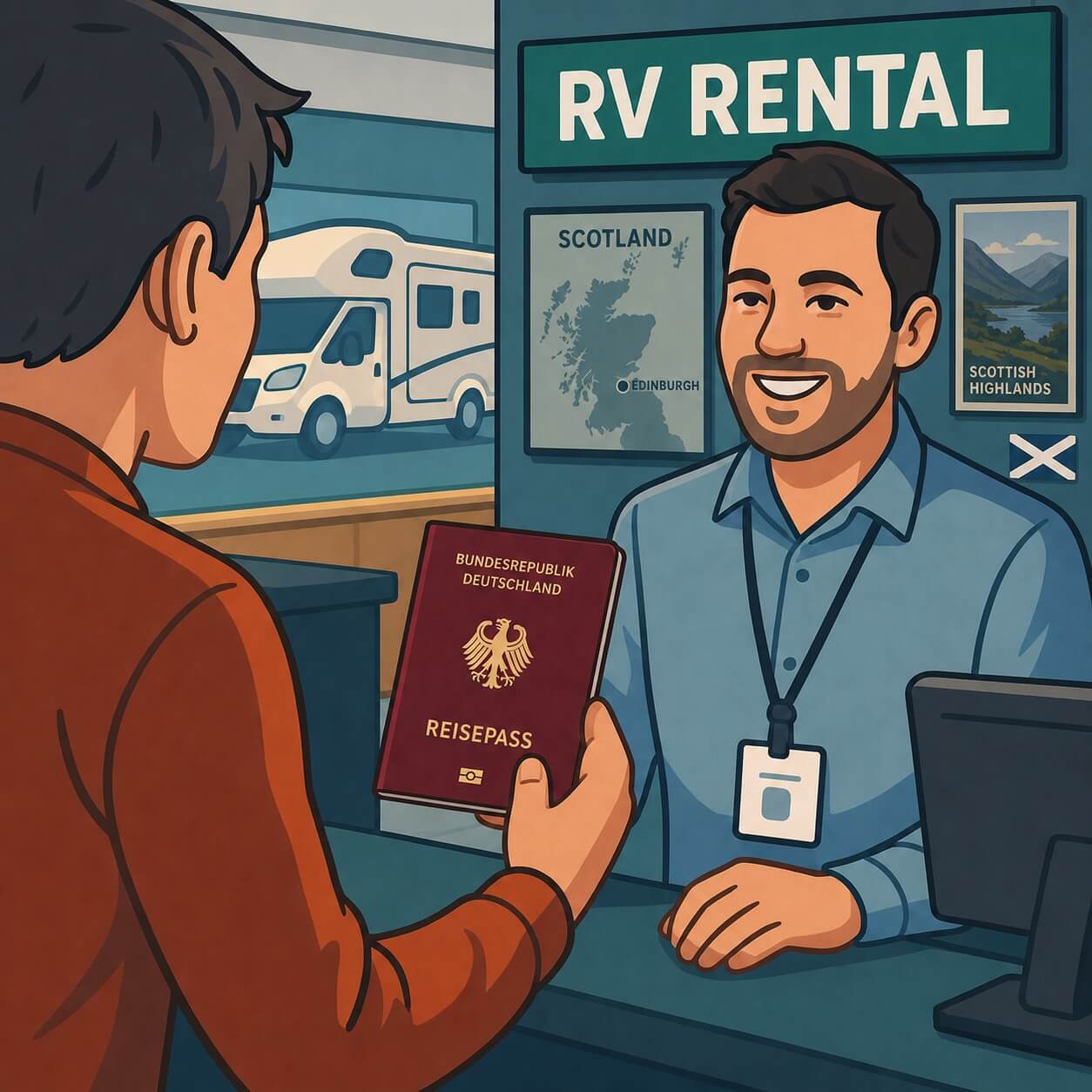 Kunde zeigt bei der Wohnmobilvermietung in Schottland seinen deutschen Reisepass am Schalter vor